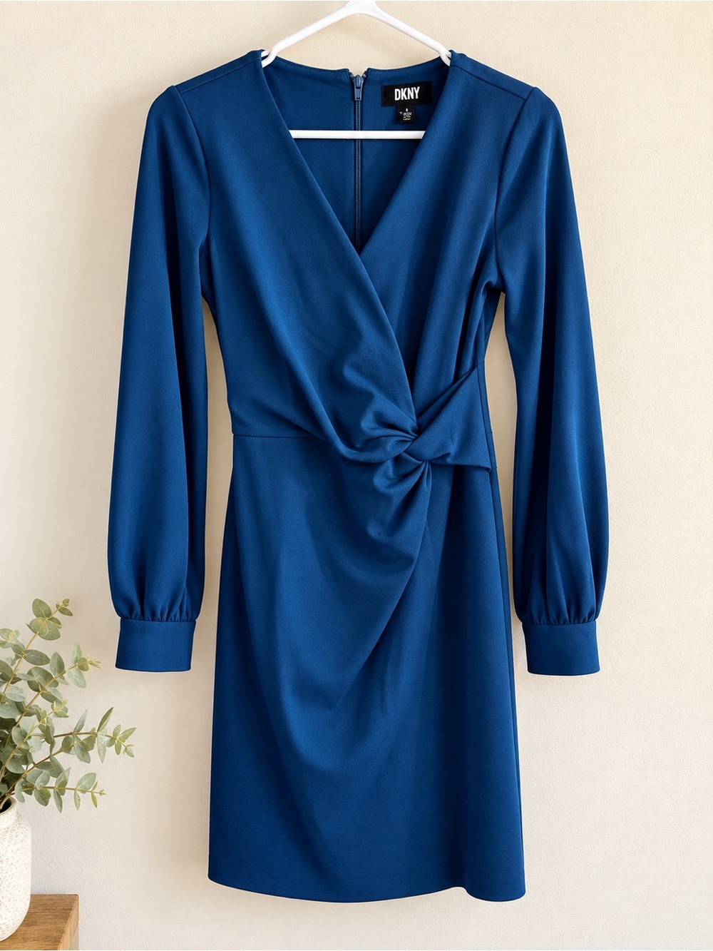 DKNY Teal-Blue Twist Front Long-Sleeve Dress